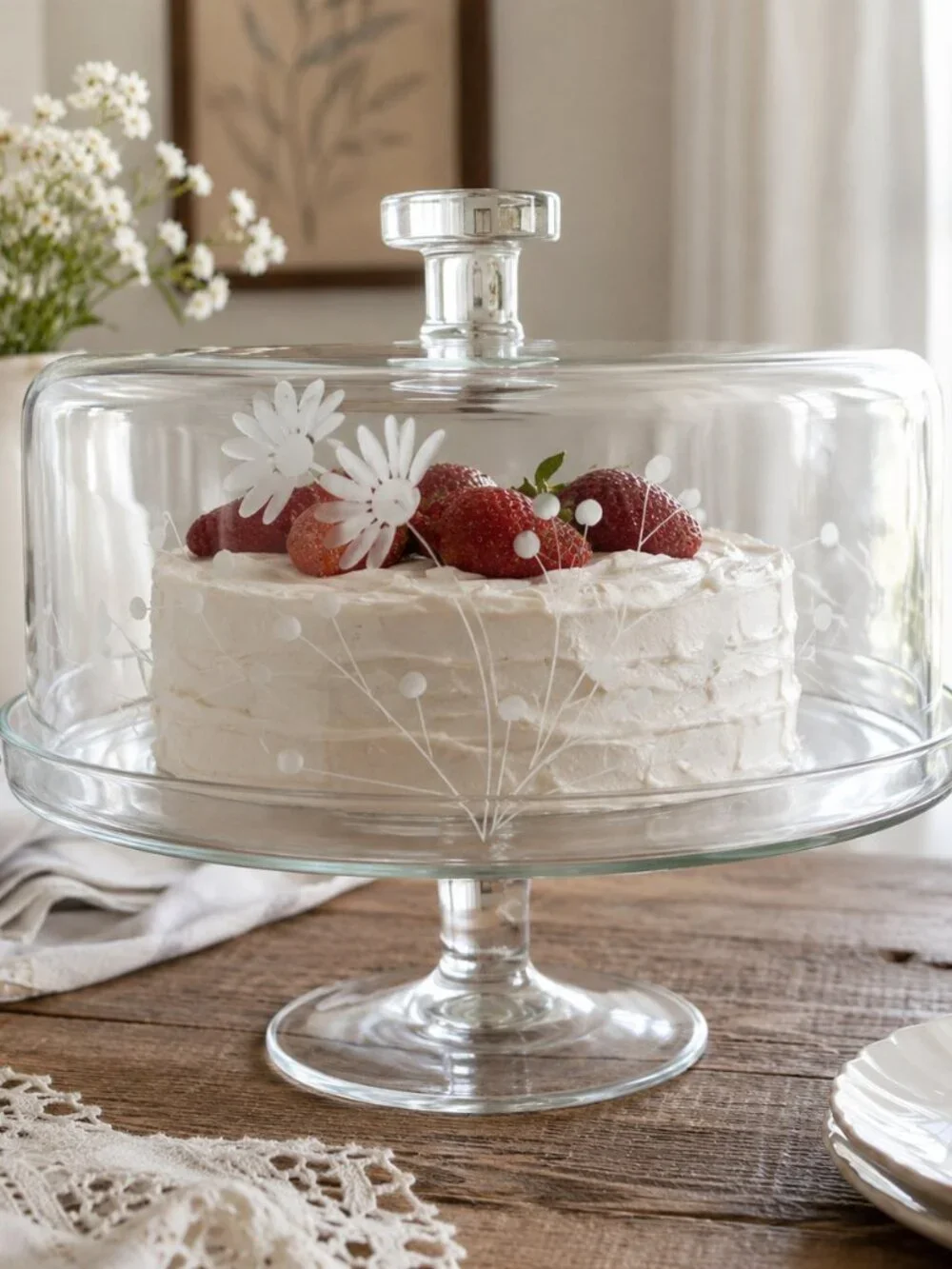 Princess House Heritage Etched Glass Cake Stand & Dome | Floral Daisy Pedestal